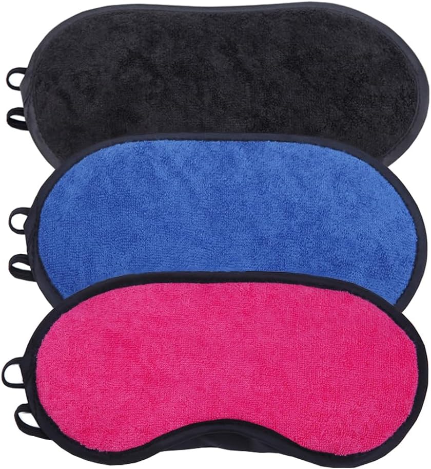 3 Pack Microfiber Terry Cloth Sleep Mask - Soft Blackout Eye Cover with Adjustable Strap, Travel