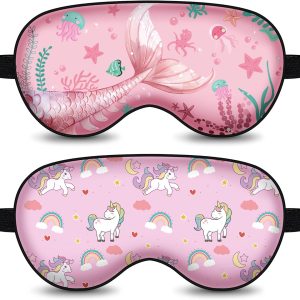 2 Pack Unicorn & Mermaid Blackout Sleep Mask for Kids - Soft Eye Blindfold, Ocean Rainbow Pink