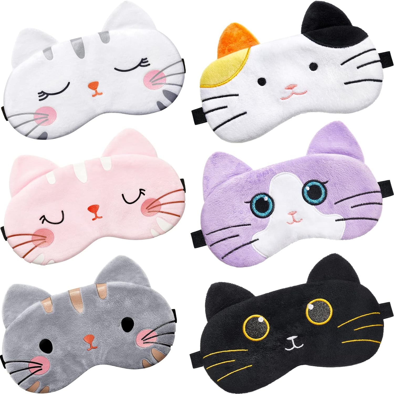 6 Pack Cute Cat Animal Sleep Mask - Soft Lightweight Eyeshade for Women, Girls, Teens